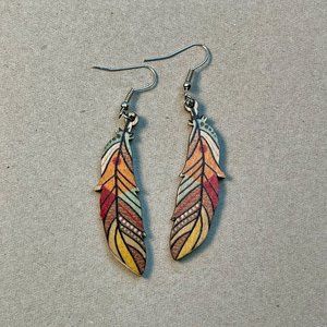 Wooden colorful feather earrings, Bohemian earrings, Tribal jewelry